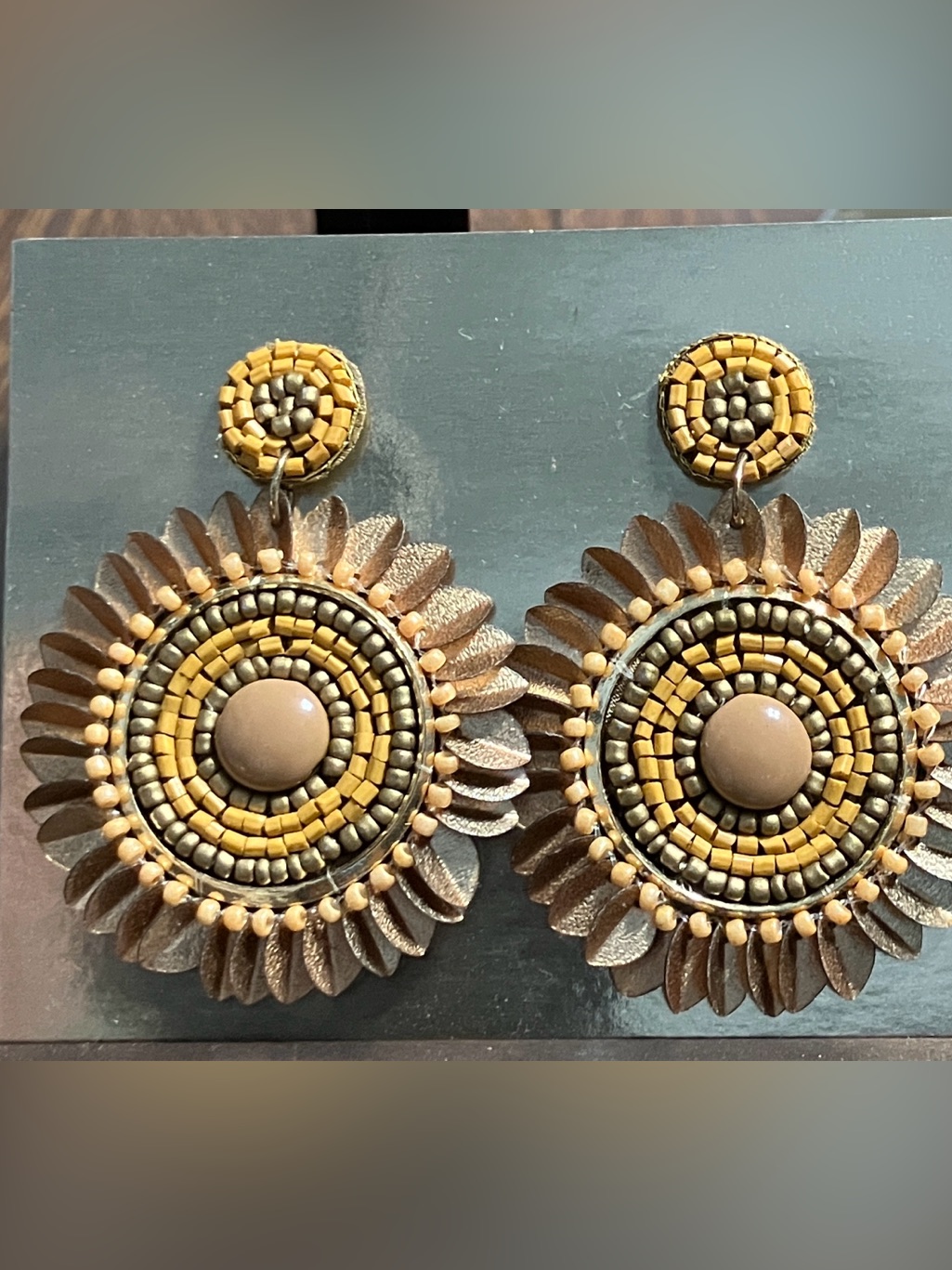 Beaded Sunburst Statement Earrings In Mustard And Metallic